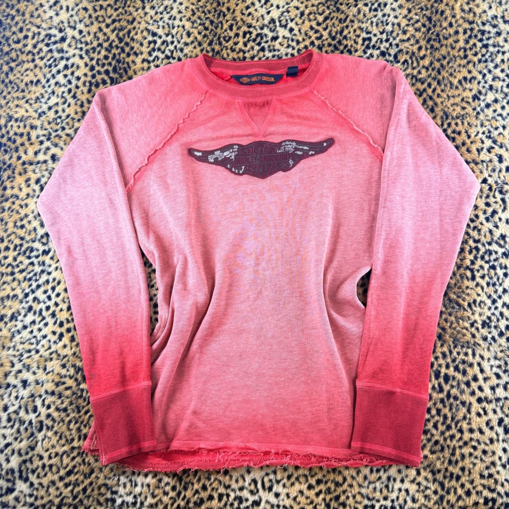 Harley-Davidson Mens Red Ombre Dip Dye Raw Edge Long Sleeve Logo Shirt M